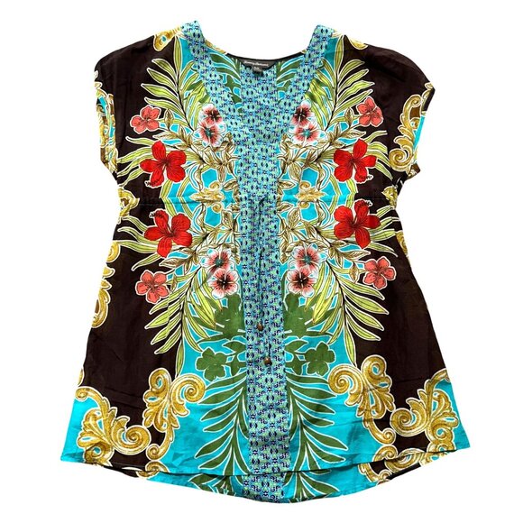 Tommy Bahama Womens Tropical Floral Print Tunic Top S/P Multicolor Short Sleeve - Picture 2 of 9